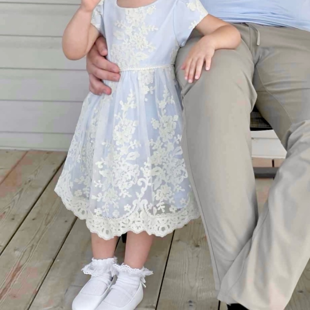 Baby Blue Dress with Cream Lace Overlay 2T